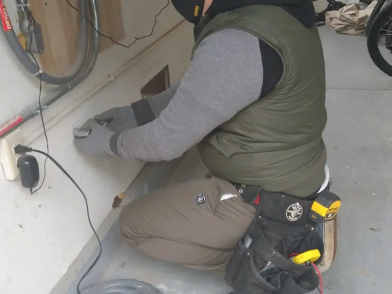 Electrician performing outlet wiring in a Tuckerton garage